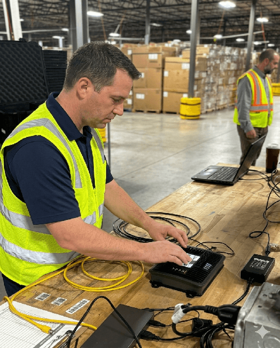 Technician configuring a device on a service bench